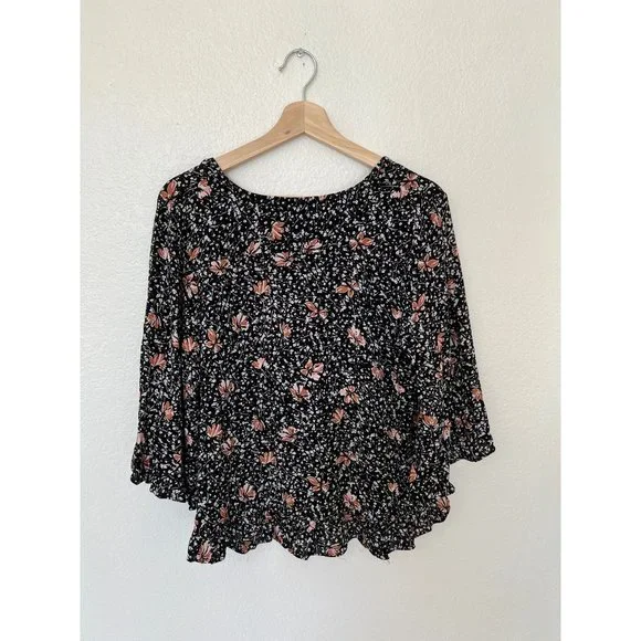 Rowley Cynthia Floral Black Blouse Top Size Large Sleeve Linen Womens Women's 3/ - Picture 5 of 5